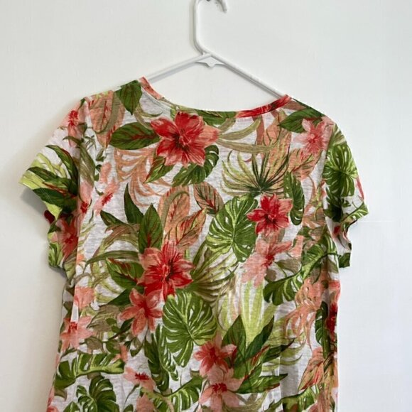 J. JILL Love Linen Tropical Floral Tie Front Tee White Green Short Sleeve Blouse - Picture 11 of 14